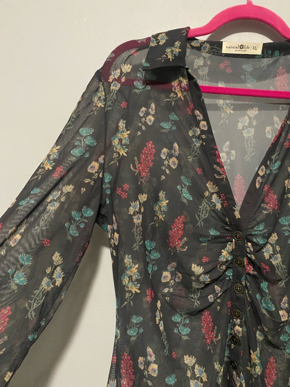 Whimsigoth Cottage Ruched Natural Life Carina Sheer Floral Button Down XL Top - Picture 7 of 11